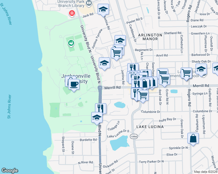 map of restaurants, bars, coffee shops, grocery stores, and more near 5643 Merrill Road in Jacksonville