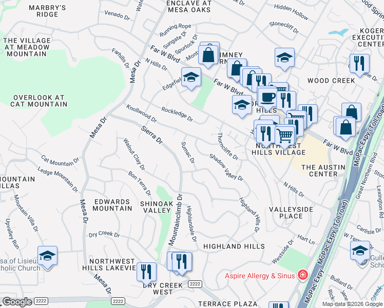 map of restaurants, bars, coffee shops, grocery stores, and more near 6501 Sumac Drive in Austin