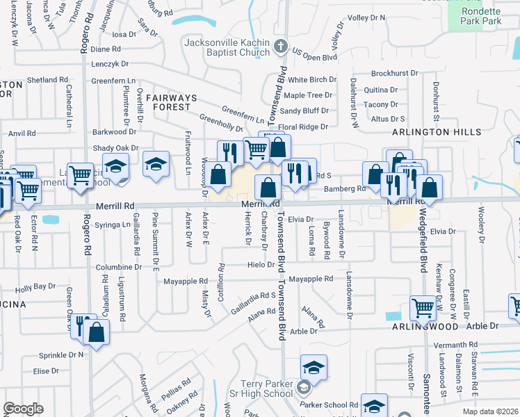map of restaurants, bars, coffee shops, grocery stores, and more near Unnamed Road in Jacksonville