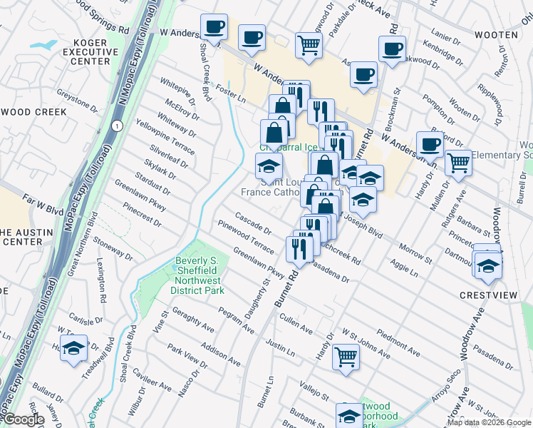 map of restaurants, bars, coffee shops, grocery stores, and more near 2608 Richcreek Road in Austin