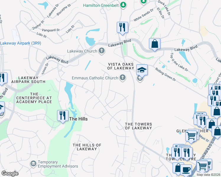 map of restaurants, bars, coffee shops, grocery stores, and more near 54 Lost Meadow Trail in The Hills