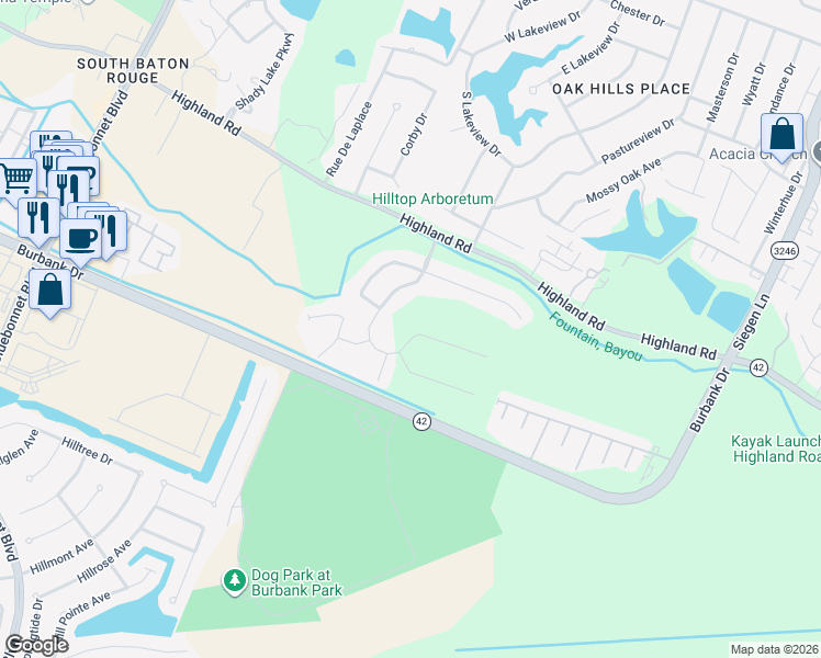 map of restaurants, bars, coffee shops, grocery stores, and more near 323 Grand Lakes Drive in Baton Rouge