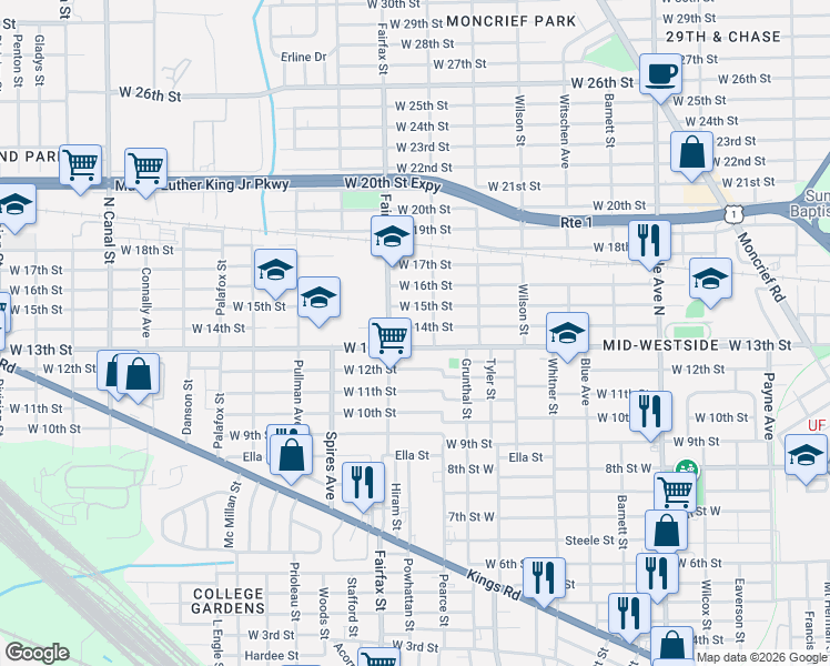 map of restaurants, bars, coffee shops, grocery stores, and more near 1736 West 15th Street in Jacksonville