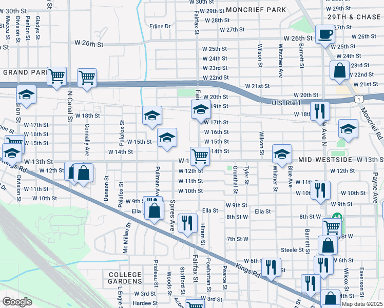 map of restaurants, bars, coffee shops, grocery stores, and more near 1832 West 14th Street in Jacksonville
