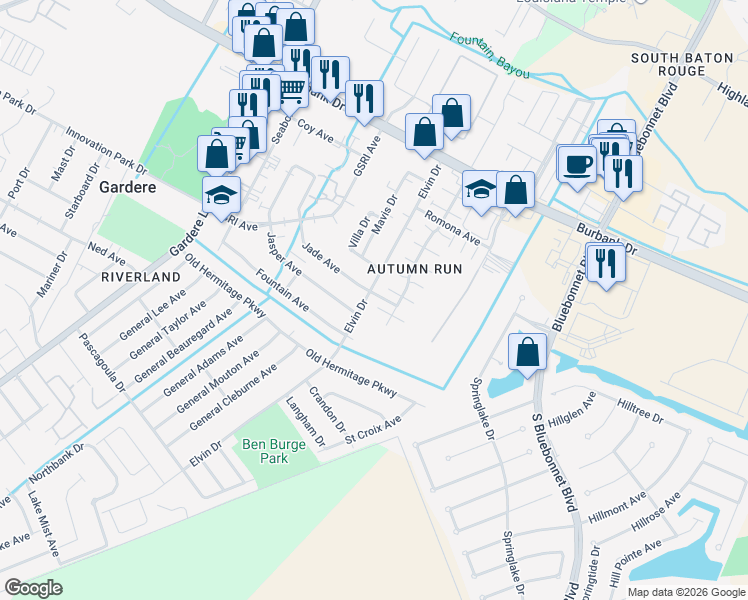 map of restaurants, bars, coffee shops, grocery stores, and more near 1829 Jade Avenue in Baton Rouge
