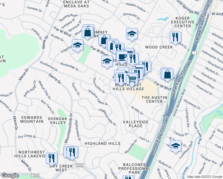 map of restaurants, bars, coffee shops, grocery stores, and more near 3635 North Hills Drive in Austin