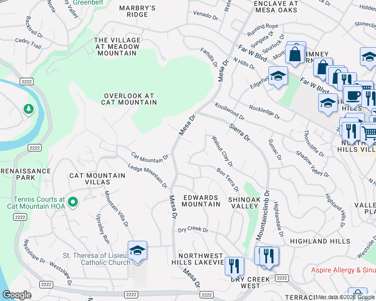 map of restaurants, bars, coffee shops, grocery stores, and more near 4000 Mesa Cove in Austin