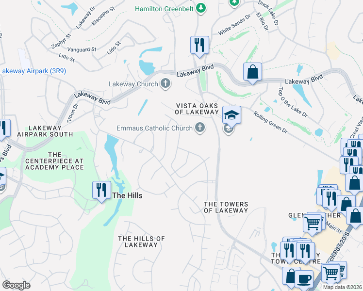 map of restaurants, bars, coffee shops, grocery stores, and more near 58 Cottondale Road in The Hills