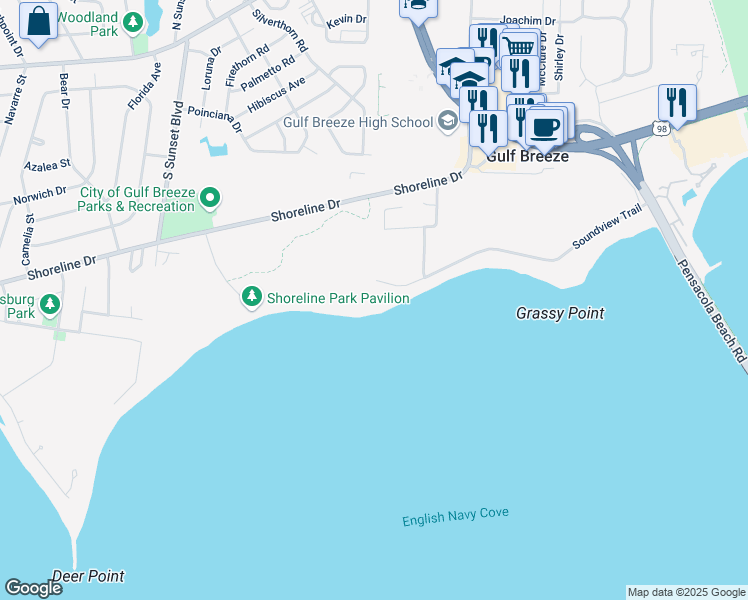 map of restaurants, bars, coffee shops, grocery stores, and more near 1119 Soundview Trail in Gulf Breeze