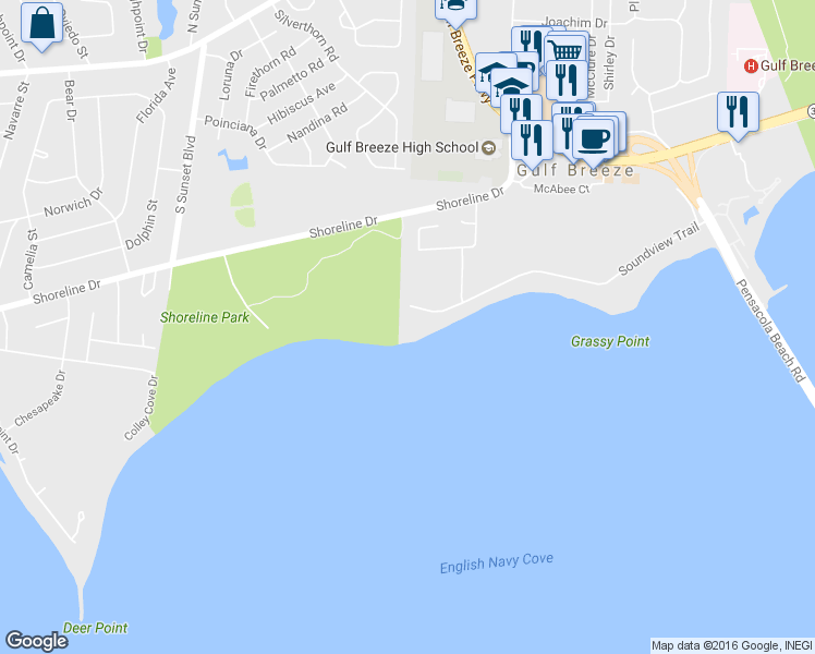 map of restaurants, bars, coffee shops, grocery stores, and more near 1119 Soundview Trail in Gulf Breeze