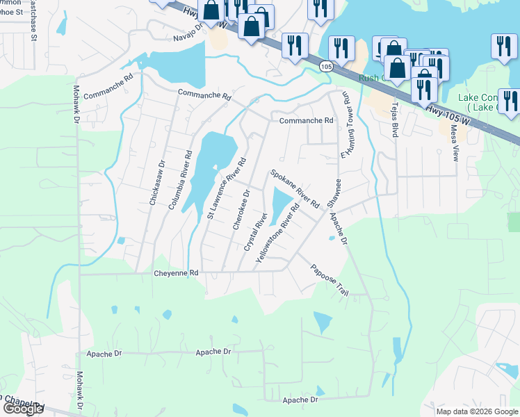 map of restaurants, bars, coffee shops, grocery stores, and more near 615 Crystal River Road in Montgomery