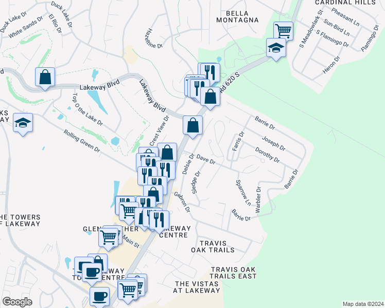 map of restaurants, bars, coffee shops, grocery stores, and more near 1209 Delsie Drive in Austin