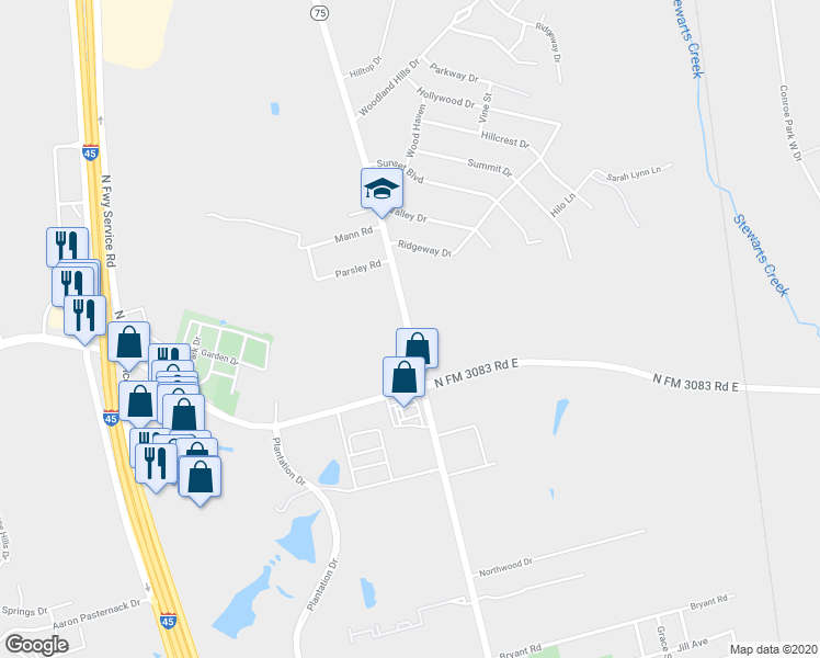 map of restaurants, bars, coffee shops, grocery stores, and more near 3128 North Frazier Street in Conroe