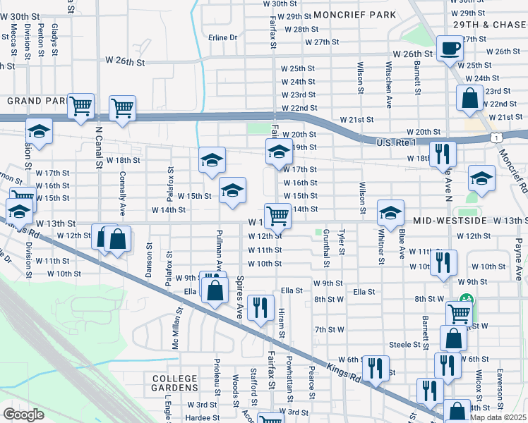 map of restaurants, bars, coffee shops, grocery stores, and more near 1832 West 14th Street in Jacksonville
