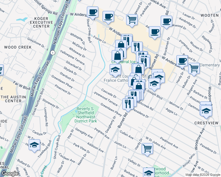 map of restaurants, bars, coffee shops, grocery stores, and more near 2611 Richcreek Road in Austin