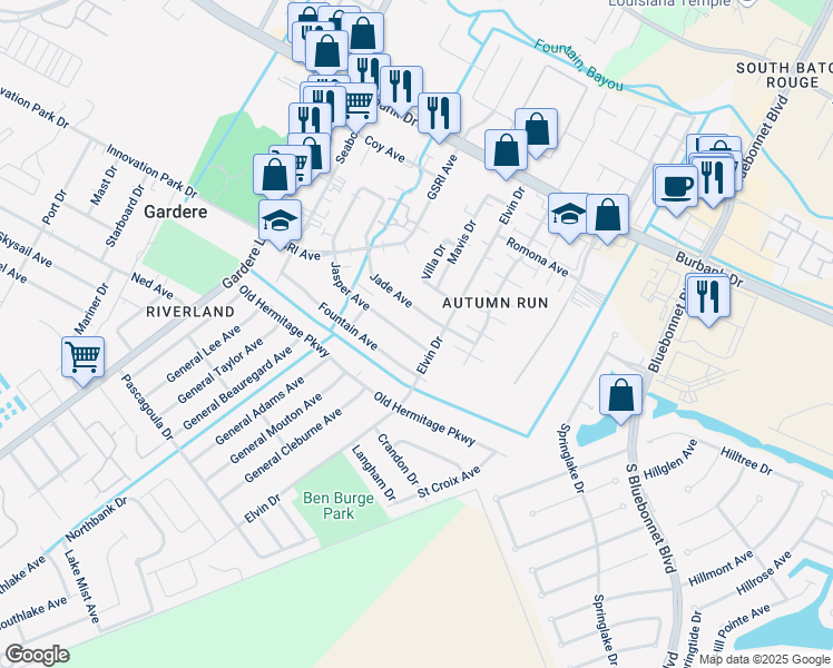 map of restaurants, bars, coffee shops, grocery stores, and more near 1829 Jade Avenue in Baton Rouge