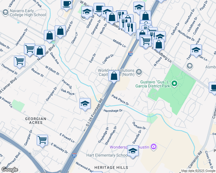 map of restaurants, bars, coffee shops, grocery stores, and more near 8800 North Interstate 35 Frontage Road in Austin