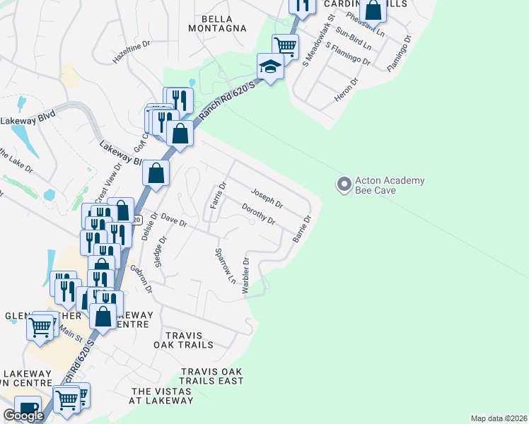 map of restaurants, bars, coffee shops, grocery stores, and more near 15102 Dorothy Drive in Austin