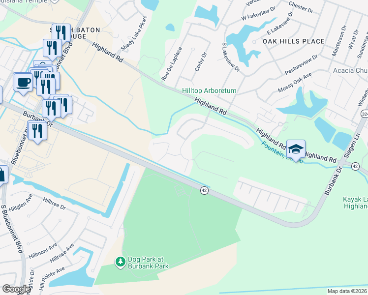 map of restaurants, bars, coffee shops, grocery stores, and more near 323 Grand Lakes Drive in Baton Rouge