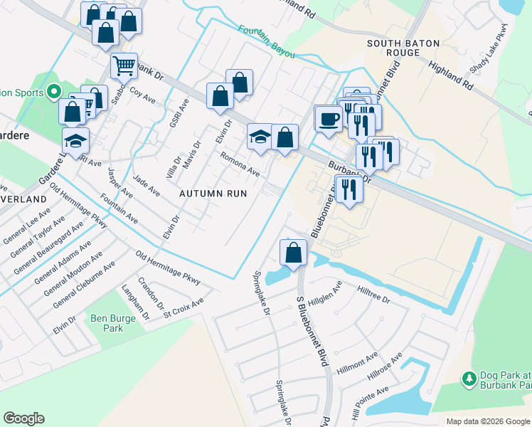 map of restaurants, bars, coffee shops, grocery stores, and more near 9190 Parkway Drive in Baton Rouge