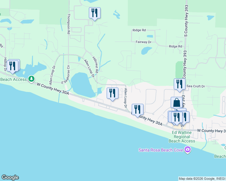 map of restaurants, bars, coffee shops, grocery stores, and more near 11 Maritime Way in Santa Rosa Beach
