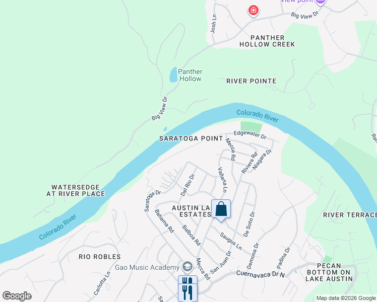 map of restaurants, bars, coffee shops, grocery stores, and more near 2807 Edgewater Drive in Austin