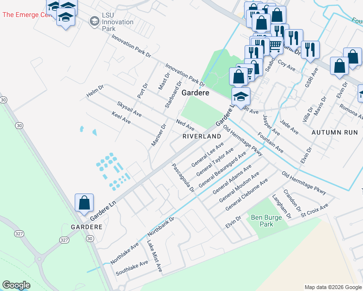 map of restaurants, bars, coffee shops, grocery stores, and more near 2224 Gardere Lane in Baton Rouge