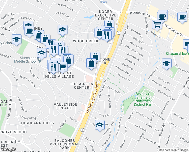 map of restaurants, bars, coffee shops, grocery stores, and more near N Mopac Expy & Far W Blvd in Austin