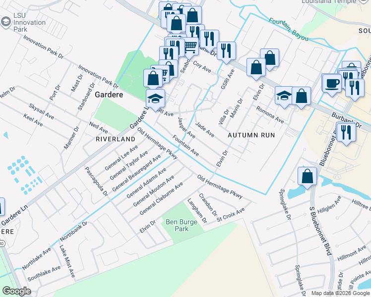 map of restaurants, bars, coffee shops, grocery stores, and more near 1814 Fountain Avenue in Baton Rouge