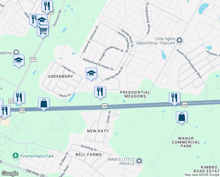 map of restaurants, bars, coffee shops, grocery stores, and more near 12621 James Polk Street in Manor