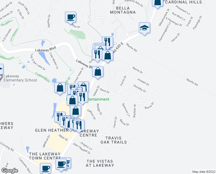 map of restaurants, bars, coffee shops, grocery stores, and more near 20 Juniper Berry Way in Austin