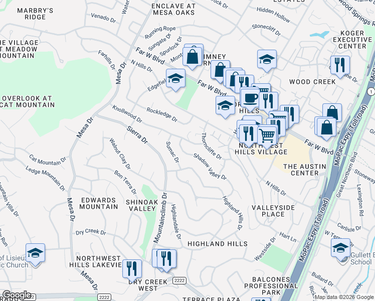 map of restaurants, bars, coffee shops, grocery stores, and more near 6505 Shadow Valley Drive in Austin