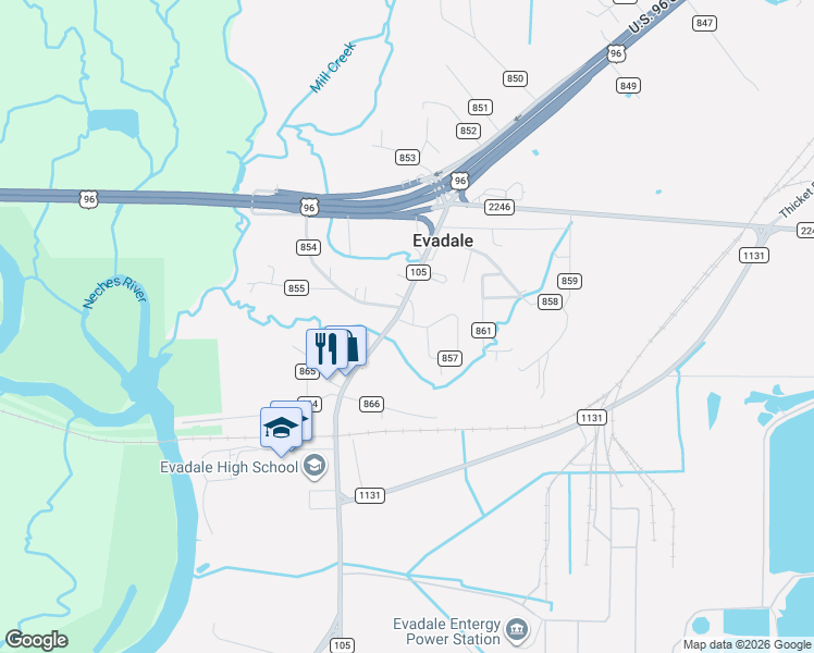 map of restaurants, bars, coffee shops, grocery stores, and more near 220 Farm to Market 105 in Silsbee