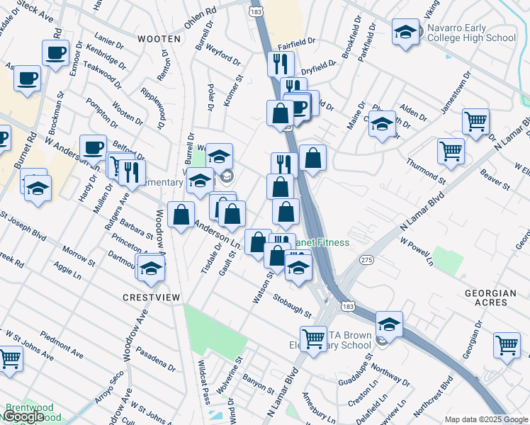 map of restaurants, bars, coffee shops, grocery stores, and more near 8004 Gault Street in Austin