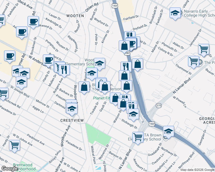 map of restaurants, bars, coffee shops, grocery stores, and more near 7919 Lazy Lane in Austin