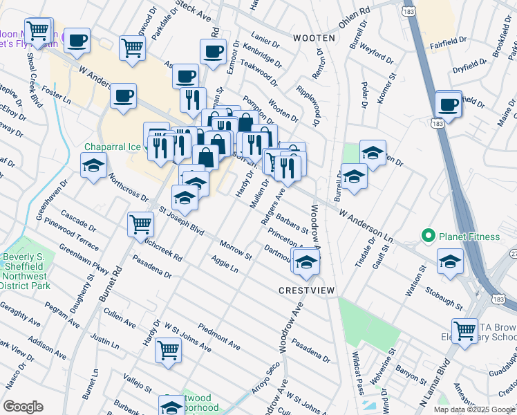 map of restaurants, bars, coffee shops, grocery stores, and more near 7807 Mullen Drive in Austin