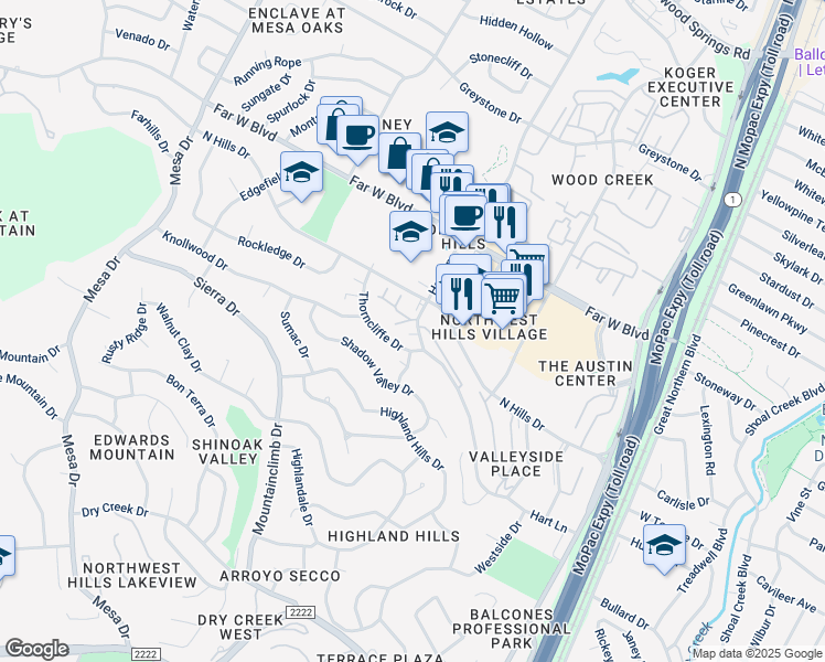 map of restaurants, bars, coffee shops, grocery stores, and more near 3635 North Hills Drive in Austin