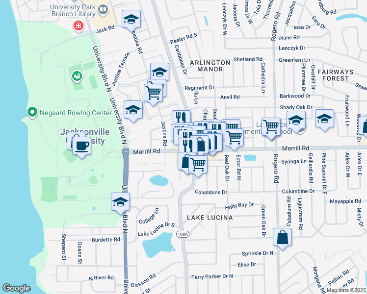 map of restaurants, bars, coffee shops, grocery stores, and more near 2824 Florida 109A in Jacksonville