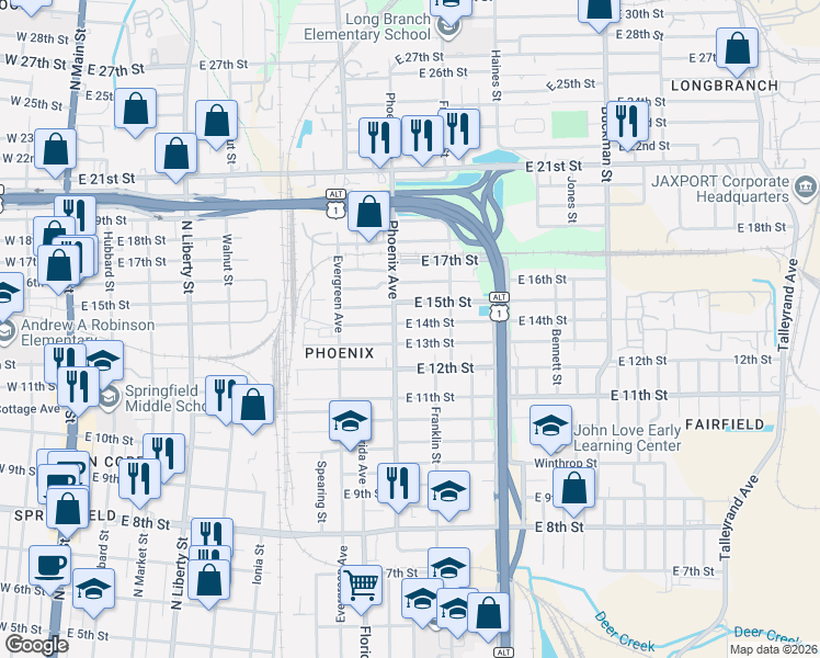 map of restaurants, bars, coffee shops, grocery stores, and more near 1123 East 14th Street in Jacksonville