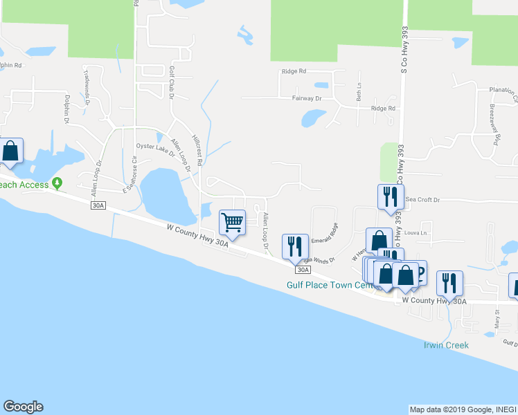 map of restaurants, bars, coffee shops, grocery stores, and more near 5 Pointe Court in Santa Rosa Beach