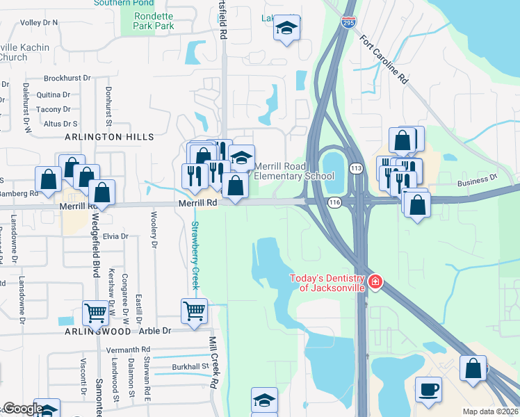map of restaurants, bars, coffee shops, grocery stores, and more near 8300 Merrill Road in Jacksonville