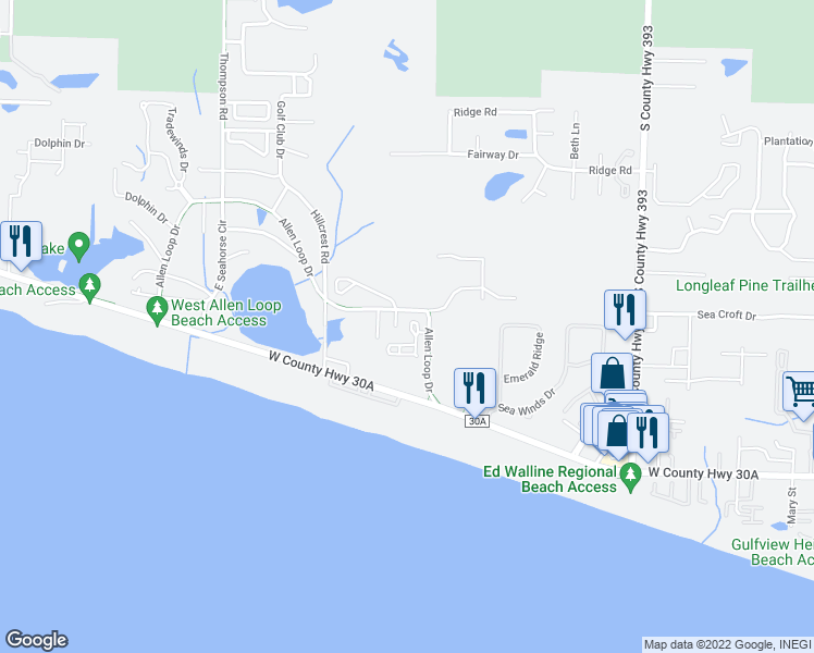 map of restaurants, bars, coffee shops, grocery stores, and more near 44 Pointe Court in Santa Rosa Beach