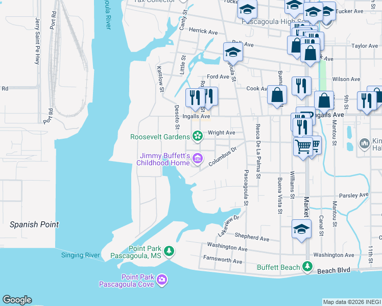 map of restaurants, bars, coffee shops, grocery stores, and more near 615 Mc Kinley Avenue in Pascagoula