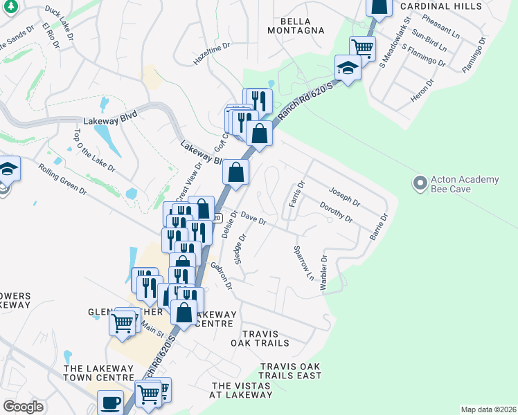 map of restaurants, bars, coffee shops, grocery stores, and more near 26 Juniper Berry Way in Lakeway