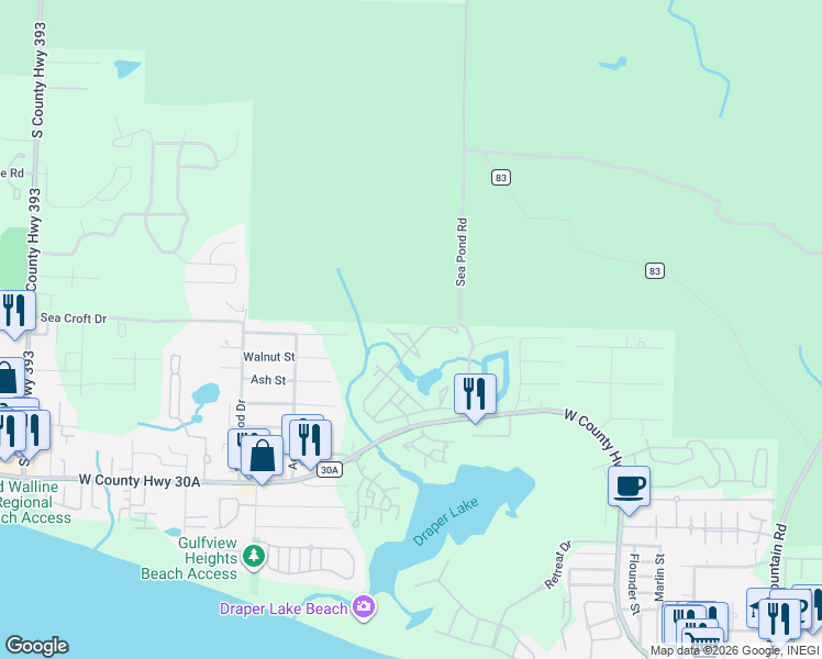 map of restaurants, bars, coffee shops, grocery stores, and more near 58 Nickajack North in Santa Rosa Beach