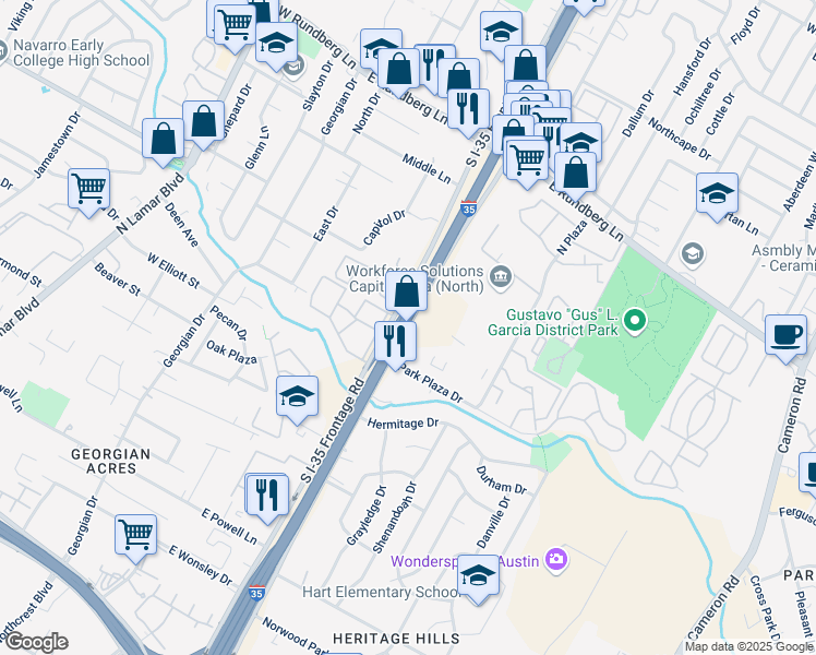 map of restaurants, bars, coffee shops, grocery stores, and more near 8801 Interstate 35 Frontage Road in Austin