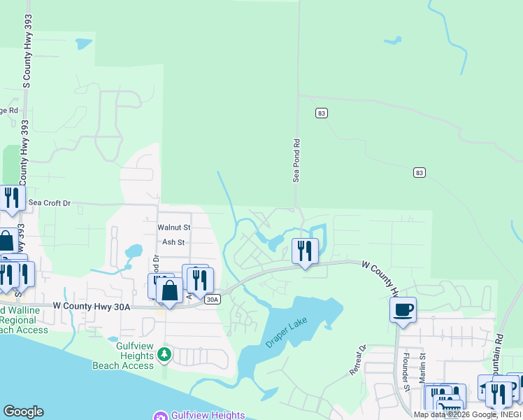 map of restaurants, bars, coffee shops, grocery stores, and more near 97 Nickajack North in Santa Rosa Beach