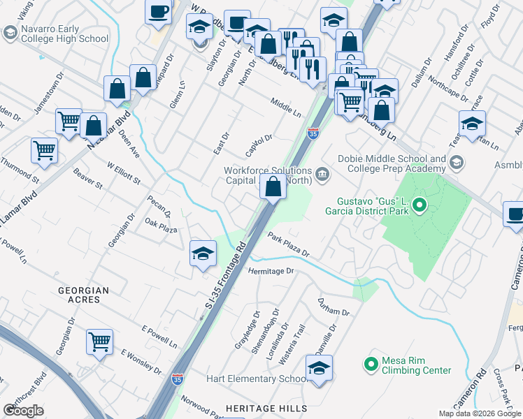 map of restaurants, bars, coffee shops, grocery stores, and more near 8800 North Interstate 35 Frontage Road in Austin