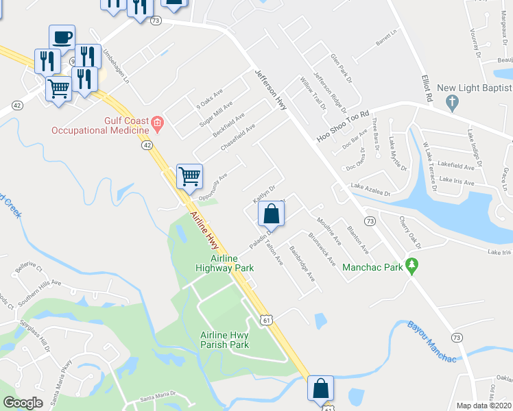 map of restaurants, bars, coffee shops, grocery stores, and more near 17358 Kaitlyn Drive in Baton Rouge