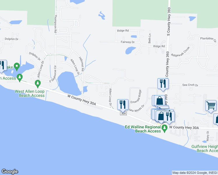 map of restaurants, bars, coffee shops, grocery stores, and more near 208 Allen Loop Drive in Santa Rosa Beach